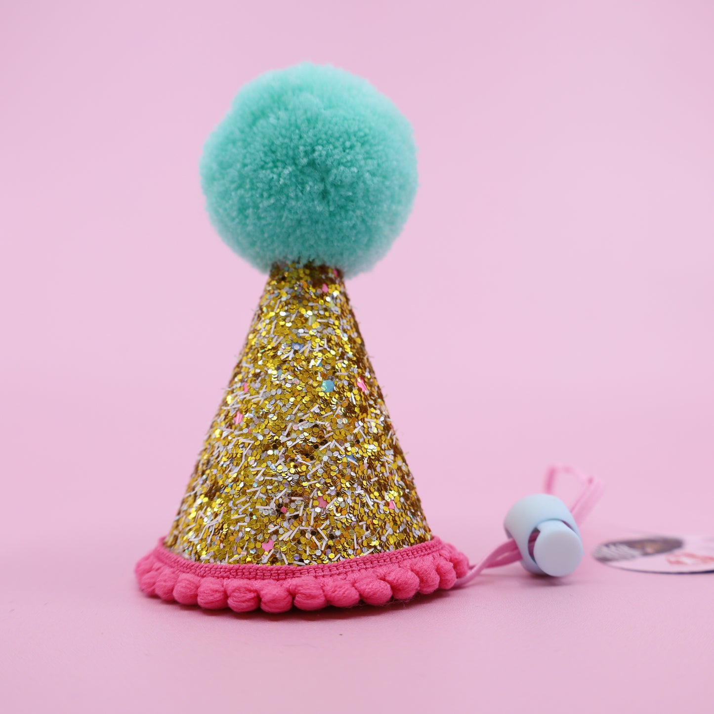 Pawty Hat: Gold Confetti & Pink Trim with Mint Pom Pom