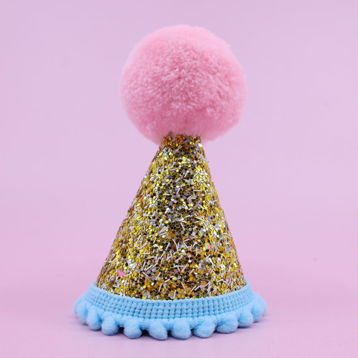 Pawty Hat: Gold Confetti, Blue Trim & Pink Pom Pom