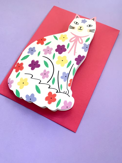 Spring Floral Sitting Kitty: Greeting Card