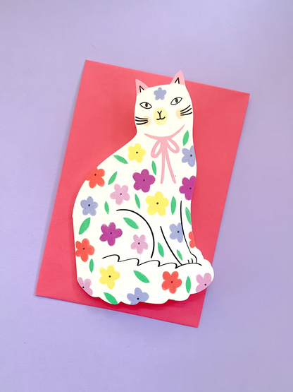 Spring Floral Sitting Kitty: Greeting Card