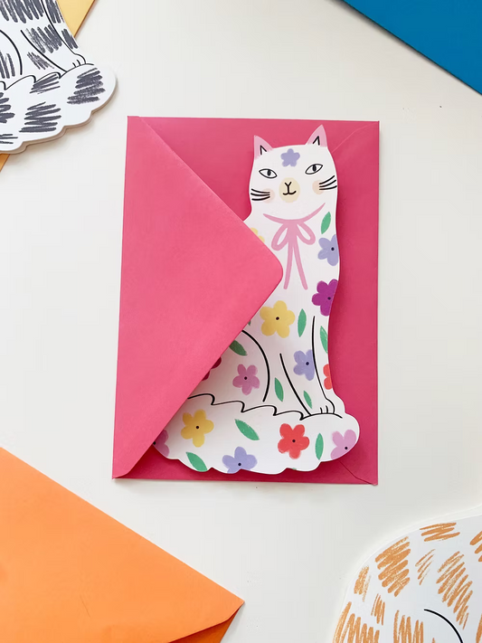 Spring Floral Sitting Kitty: Greeting Card