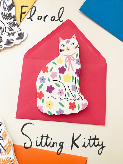 Spring Floral Sitting Kitty: Greeting Card