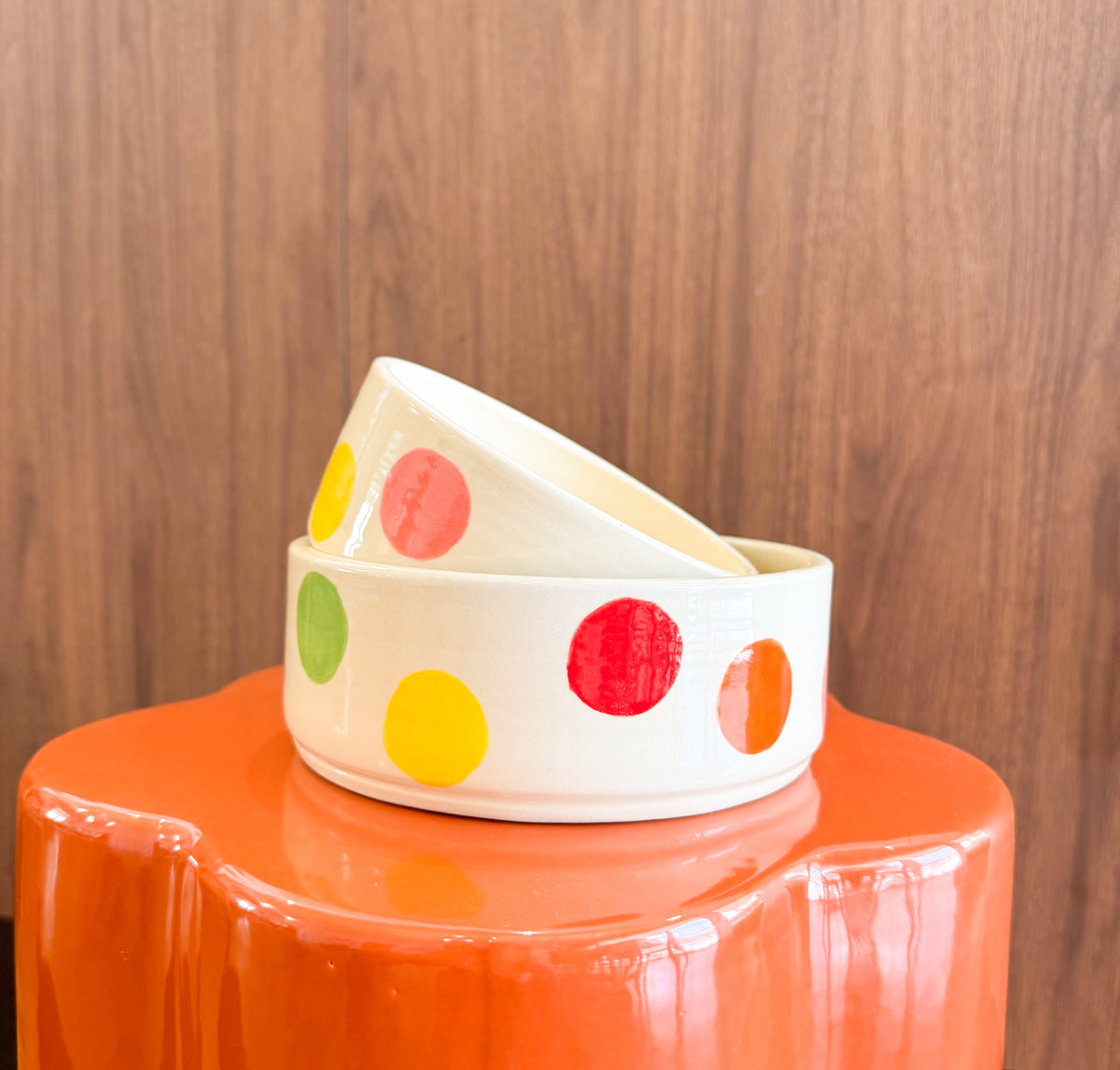 Ceramic Dog Bowl: Multicoloured Polka Dots