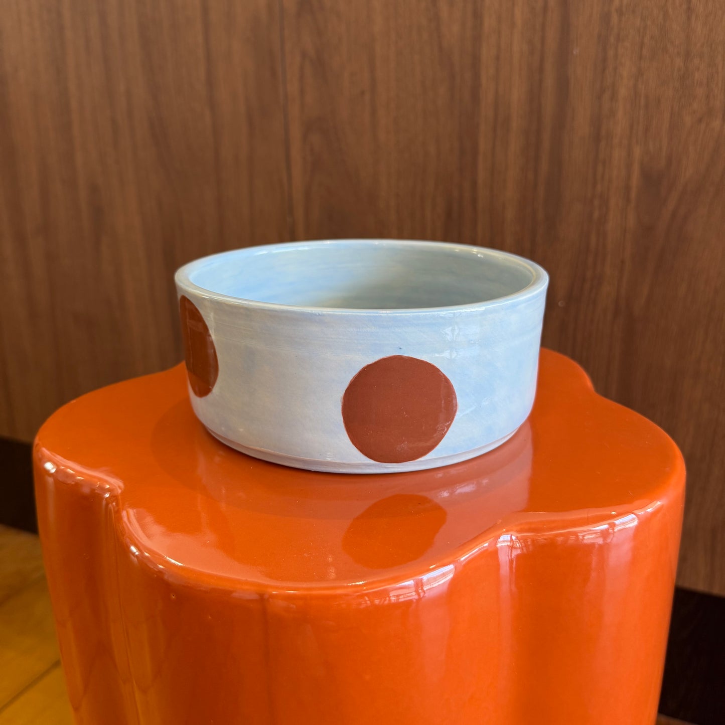 Ceramic Dog Bowl: Blue & Brown Polka Dots