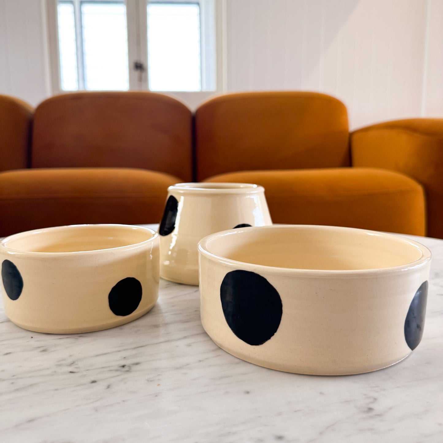 Ceramic Dog Bowl: White & Black Polka Dots
