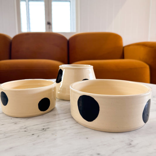 Ceramic Dog Bowl: White & Black Polka Dots