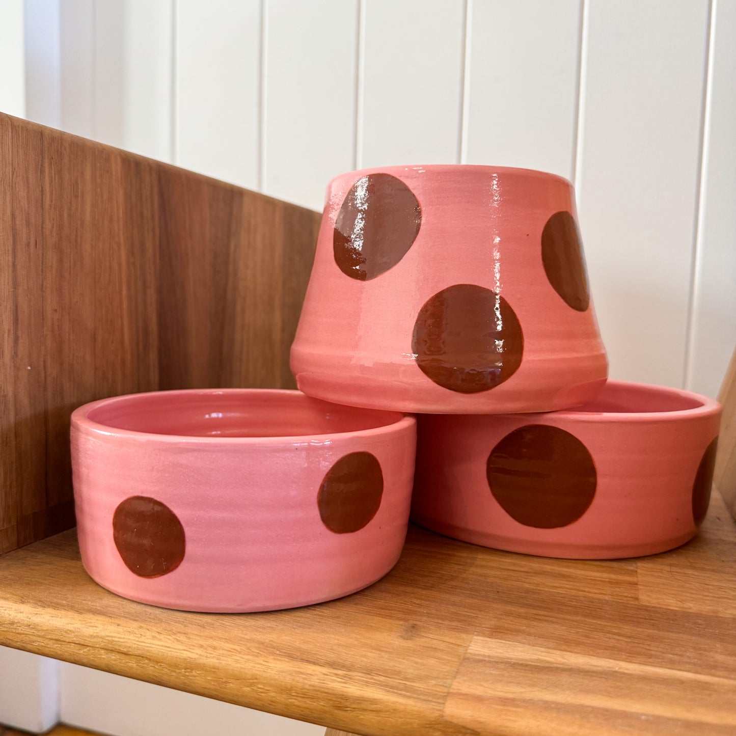 Ceramic Dog Bowl: Pink & Brown Polka Dots