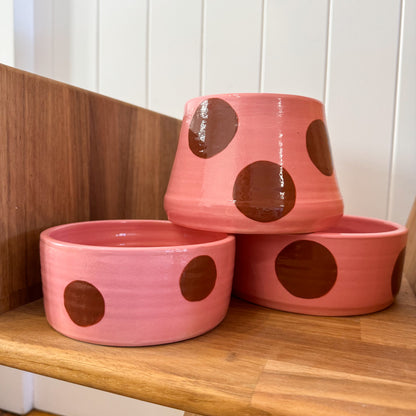 Ceramic Dog Bowl: Pink & Brown Polka Dots