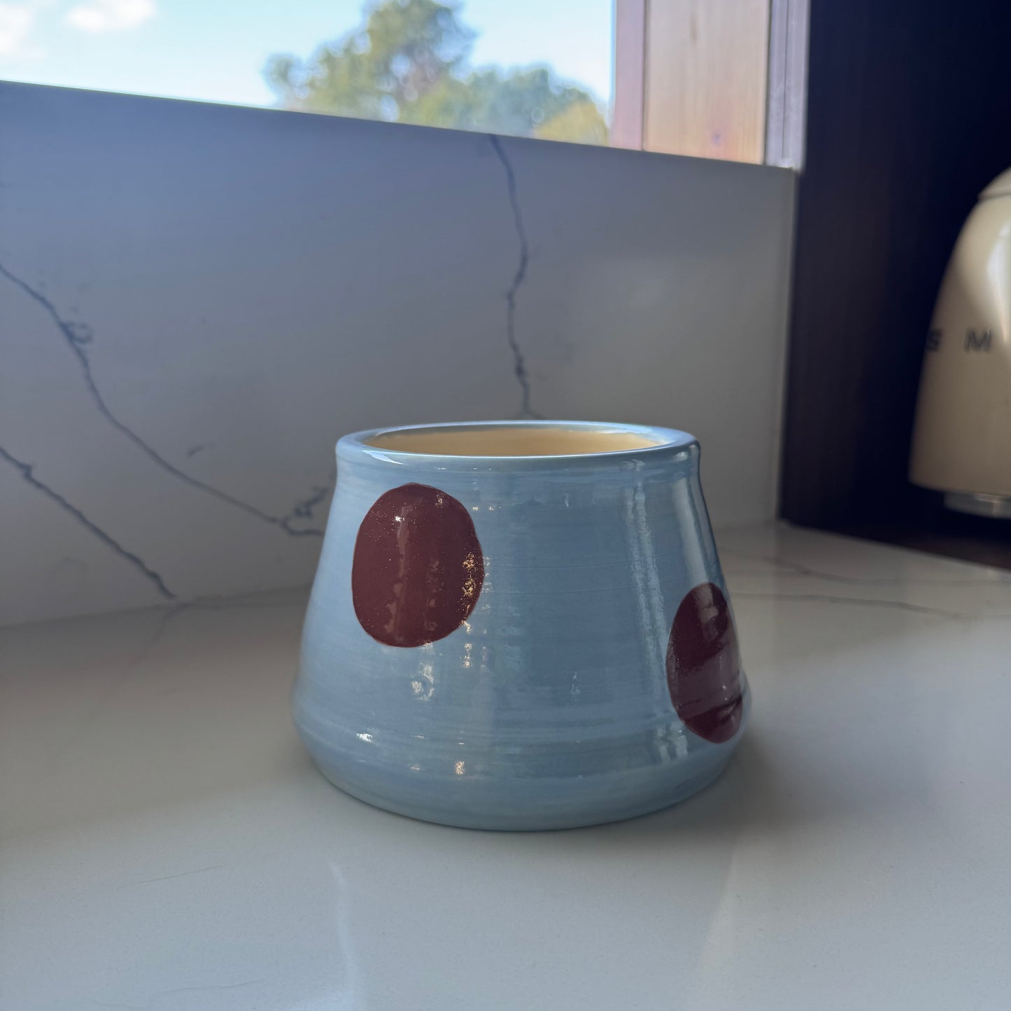 Ceramic Dog Bowl: Blue & Brown Polka Dots