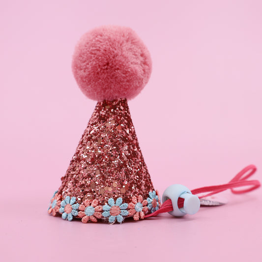 Pawty Hat: Pink & Blue/Pink Daisy Trim