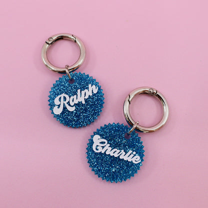 Personalised Pet ID Tag: Jagged Circle Blue Glitter