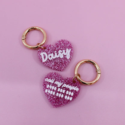 Personalised Pet ID Tag: Scallop Heart Pink Glitter