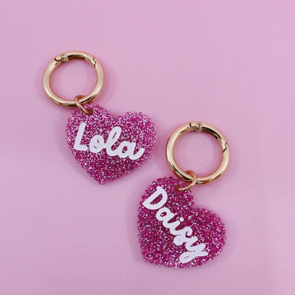 Personalised Pet ID Tag: Scallop Heart Pink Glitter