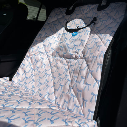 Baby Blue Bows: Deluxe Single Car Seat Cover (no anchor point)