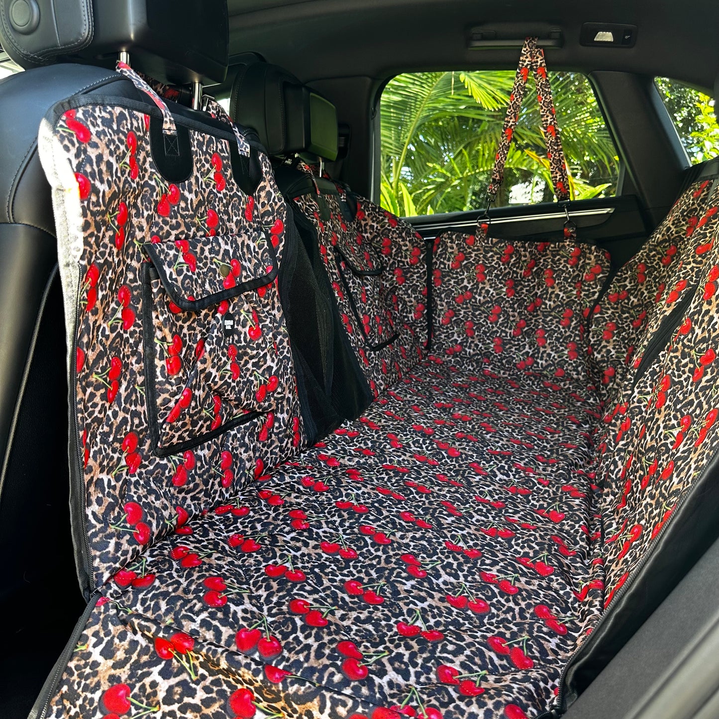 Leopard Cherries: Deluxe Hard Base Hammock Car Seat Cover