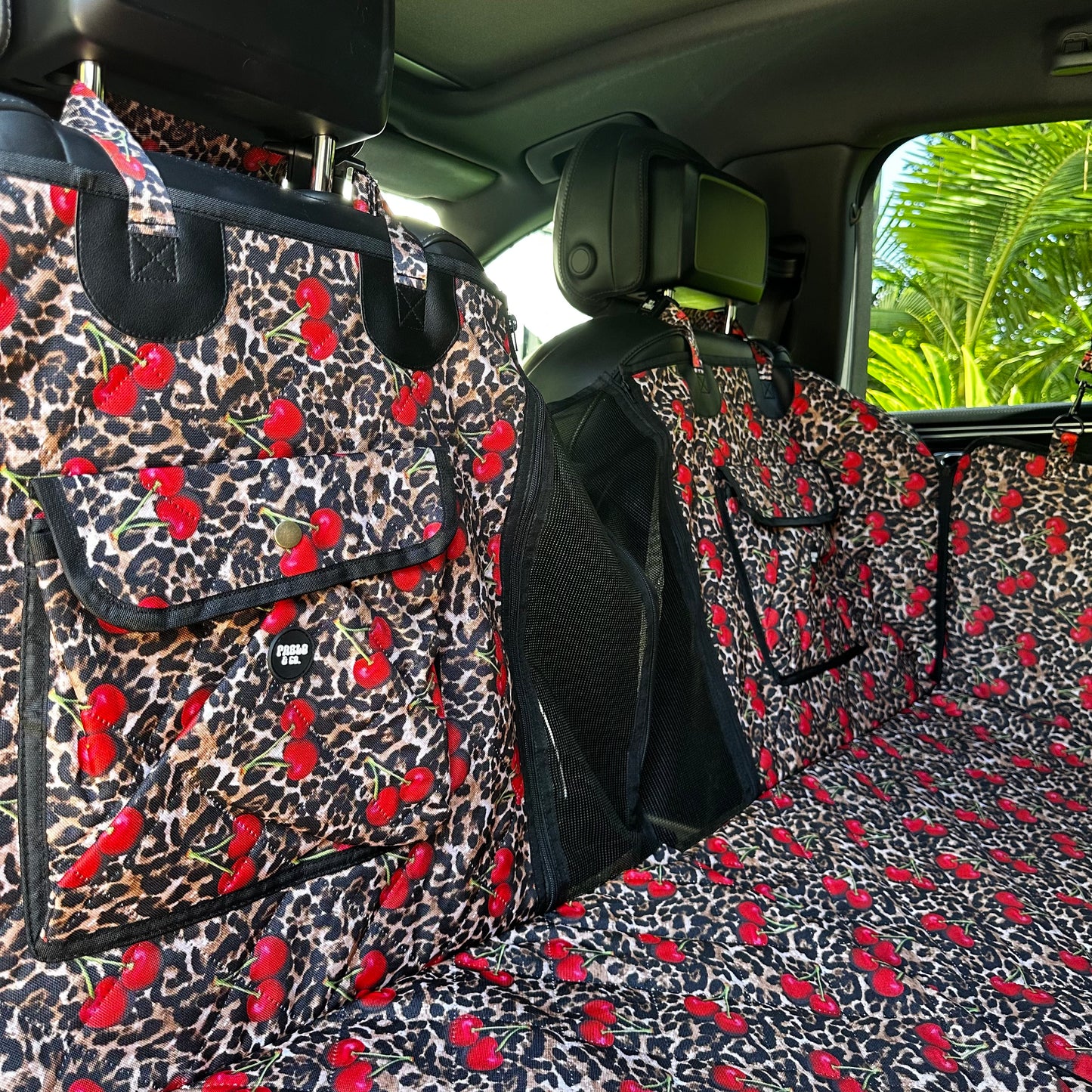 Leopard Cherries: Deluxe Hard Base Hammock Car Seat Cover