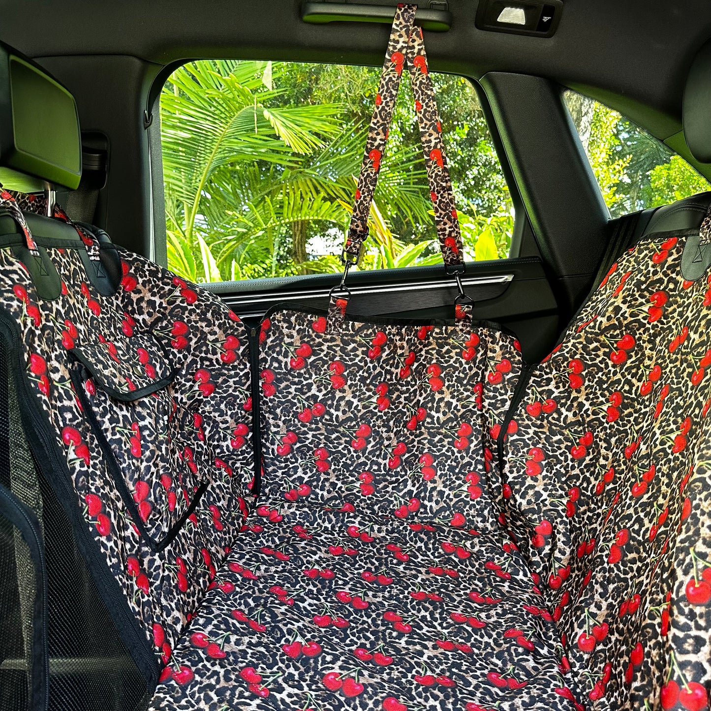 Leopard Cherries: Deluxe Hard Base Hammock Car Seat Cover