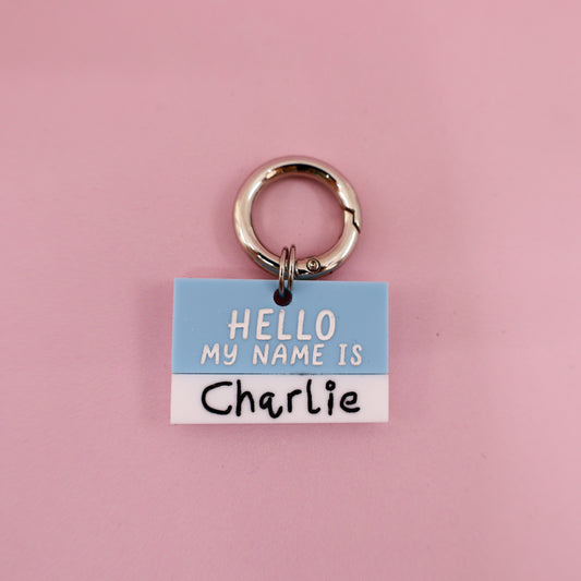 Personalised Pet ID Tag: Blue 'Hello my name is'