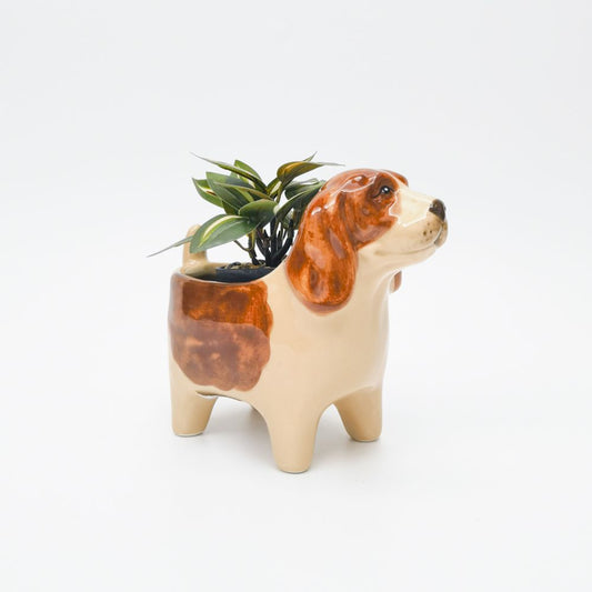 Georgie Dog Planter: Brown & White